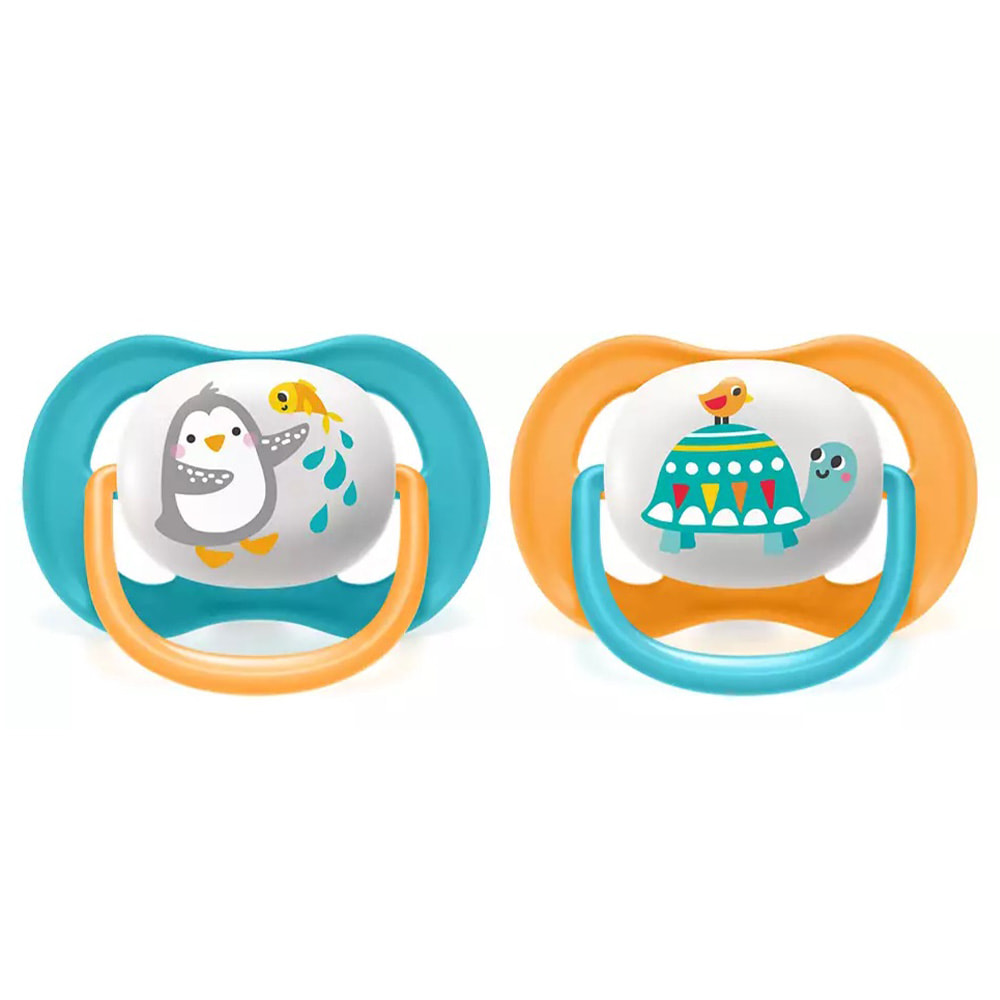 Philips AVENT / Пустышка силиконовая Ultra Air декор Пингвин/Черепаха, 6-18 мес, (уп. 2 шт.), SCF080/07